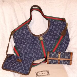 Gucci Blue Denim Shoulder Bag with Cherry Lime Strap Webbing